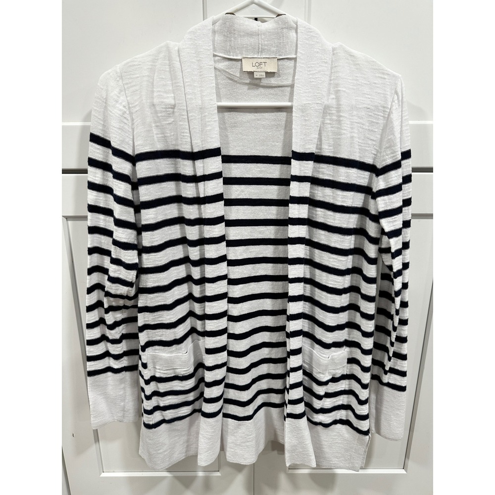 LOFT Striped Open Front Cardigan Sweater Navy White Size M
